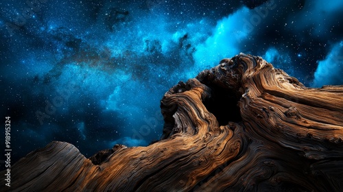 Ancient bristlecone pine, gnarly wood texture, starry night photo