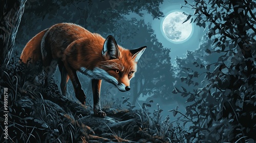 Elusive Fox Prowls Under a Moonlit Forest photo