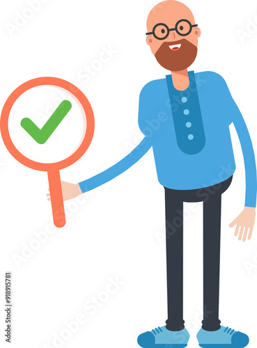 Bald Man Character Showing Check Mark 