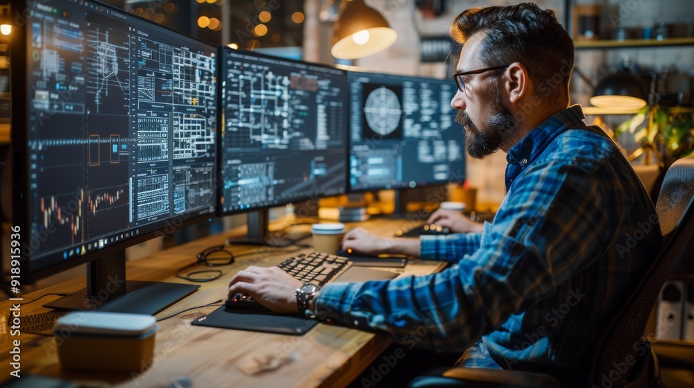 Man working intently at multiple computer monitors in a modern workspace during the evening hours Man working intently at multiple computer monitors in a modern workspace during the evening hours