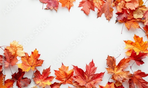 Maple leaves on white background, autumn background with copy space