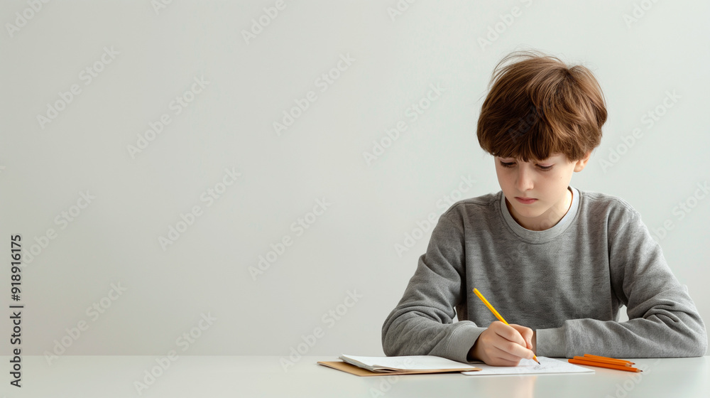 机に向かって黙々と勉強する学生 机に向かって黙々と勉強する学生