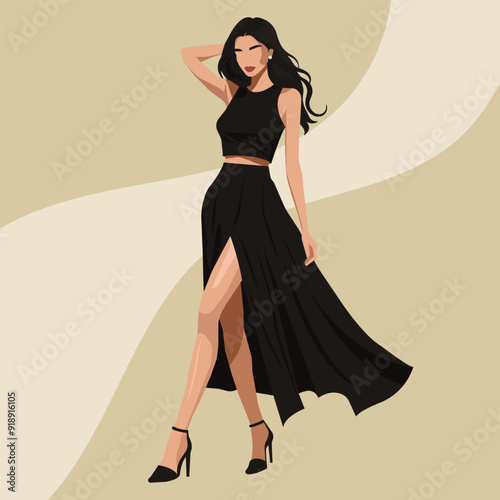 A young elegant woman in a fashionable suit consisting of a short top and a long flowing skirt. Vector flat illustration, fashion. Faceless. 