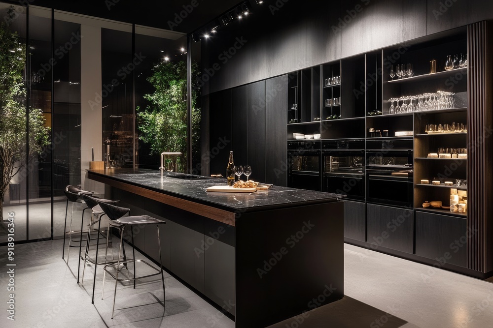 A luxurious contemporary kitchen with a black island and stools, featuring modern appliances, stylish shelving, and a large window providing lush green views and natural light.