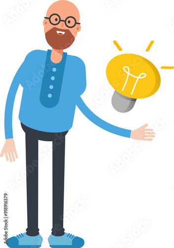 Bald Man Character and Light Bulb 