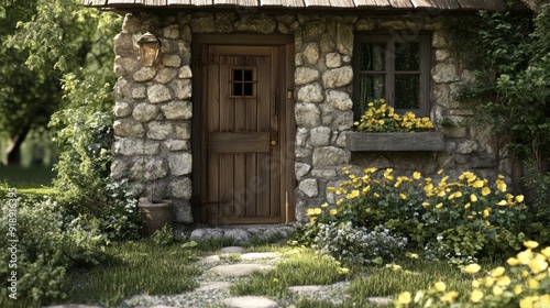 Stone Cottage with Wooden Door and Window, Surrounded by Lush Greenery and Flowers