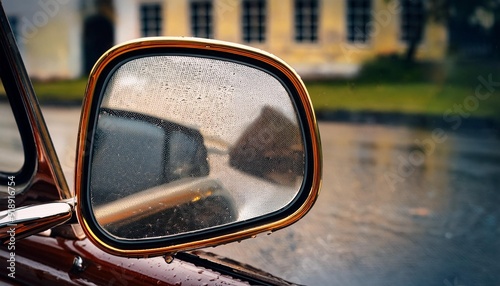 Rear view mirror of a classic car on a rainy day,mirror, car, road, view, driving, reflection, rear, rearview, drive, sky photo