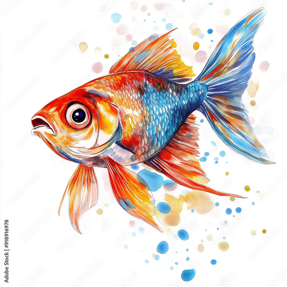 Fototapeta premium Watercolor Art Colorful fish on white background for t-shirt design. Hand Painted Clip Art Design Element for Labels, Business Cards, Flyers.