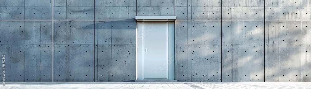 A minimalist white door with vertical grooves, surrounded by a clean, concrete facade A minimalist white door with vertical grooves, surrounded by a clean, concrete facade