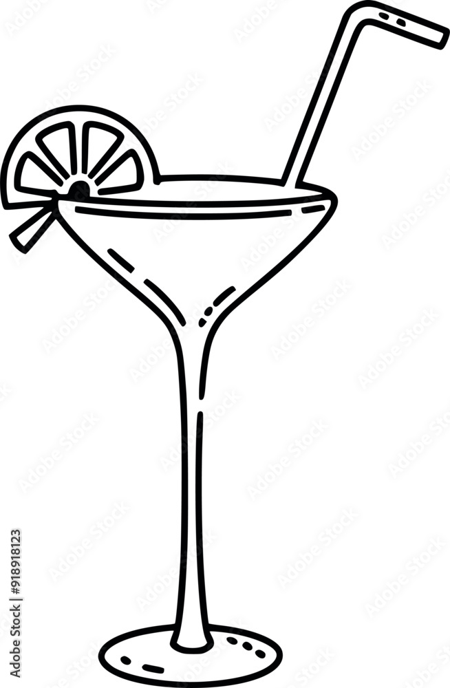 Continuous one line drawing alcoholic Cocktail with fresh Lemon and cold linear abstract vector illustration generated Ai
