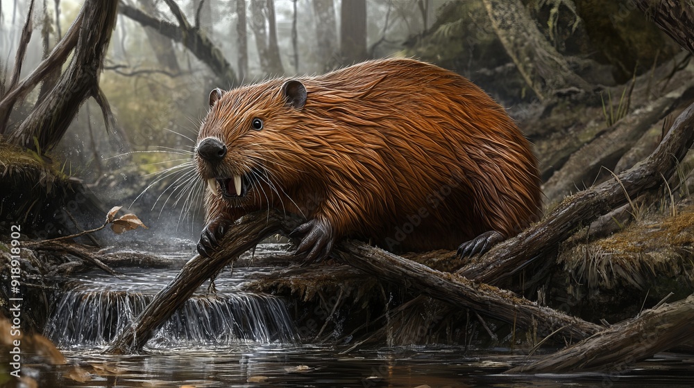 Determined Beaver Builds Dam: A Close-Up View of Nature's Engineer Determined Beaver Builds Dam: A Close-Up View of Nature's Engineer