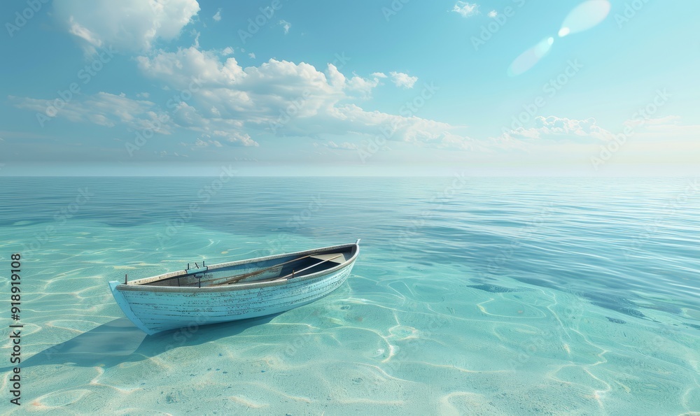Minimalist ocean scene, clear water with a single boat, serene and beautiful Minimalist ocean scene, clear water with a single boat, serene and beautiful