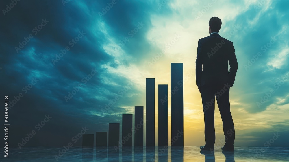 Businessman standing next to a bar graph, symbolizing financial growth. Businessman standing next to a bar graph, symbolizing financial growth.
