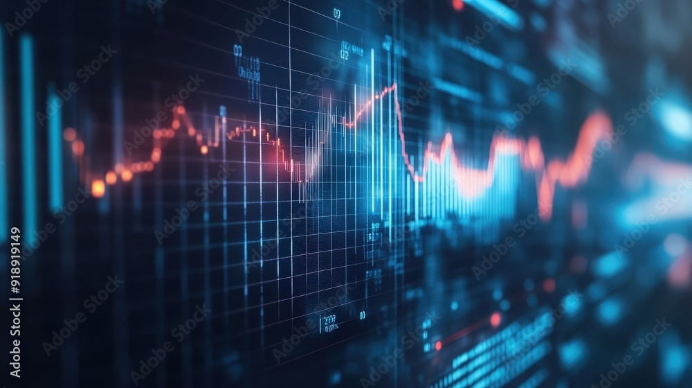 Close up of stock market graphs with fluctuating lines and bar charts, depicting market volatility Close up of stock market graphs with fluctuating lines and bar charts, depicting market volatility