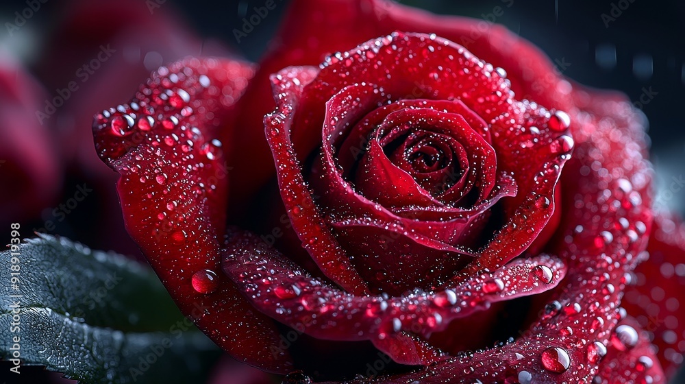 Close-up of dewdrops on a perfect red rose Close-up of dewdrops on a perfect red rose