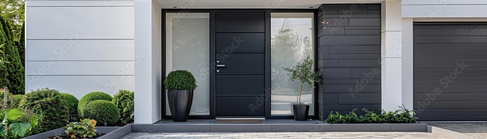 A stylish black door with a frosted glass panel, set against a clean, white facade and modern landscaping A stylish black door with a frosted glass panel, set against a clean, white facade and modern landscaping