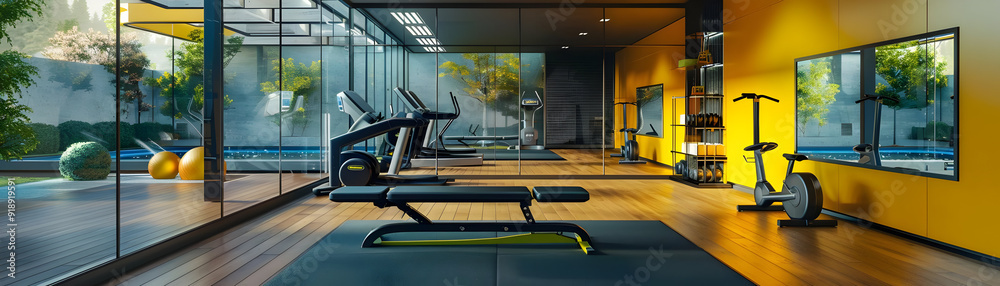 Modern Home Gym with Yellow Wall and Treadmills - 3D Illustration