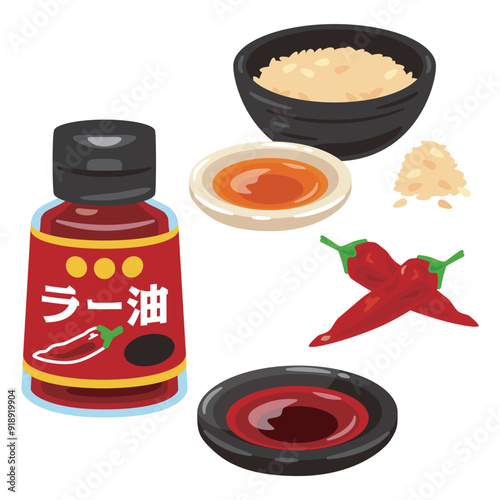 ボトルに入ったラー油と小皿に入ったラー油