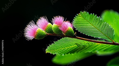 Close-up of sensitive plant (Mimosa pudica) leaves closing