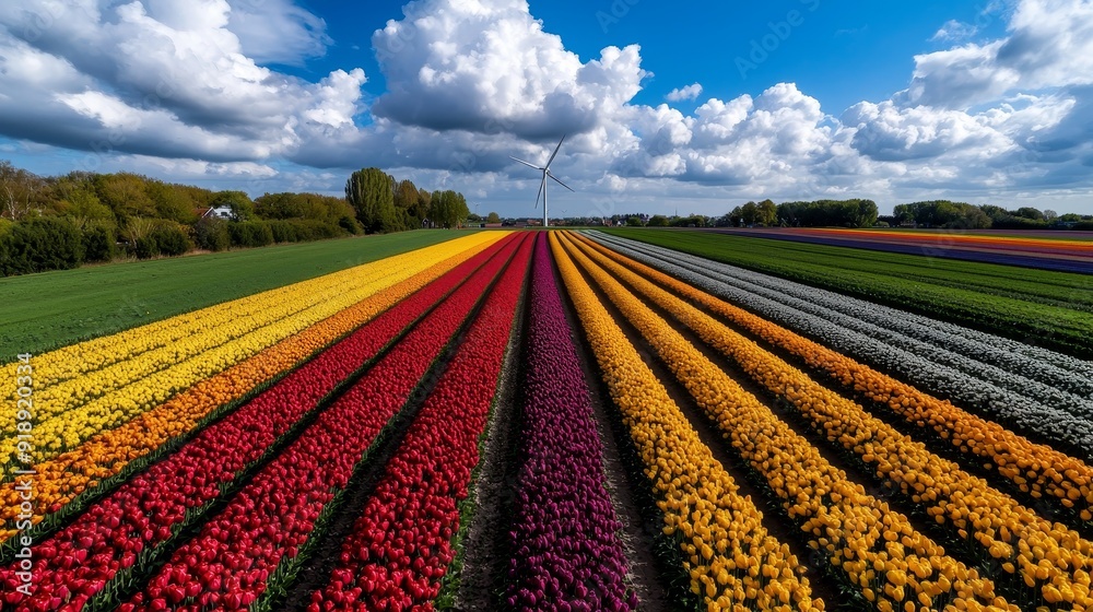 Colorful tulip fields in Netherlands, windmill backdrop Colorful tulip fields in Netherlands, windmill backdrop