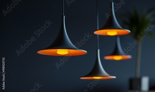 Modern decorative electric lamps on ceiling in dark room with space for background