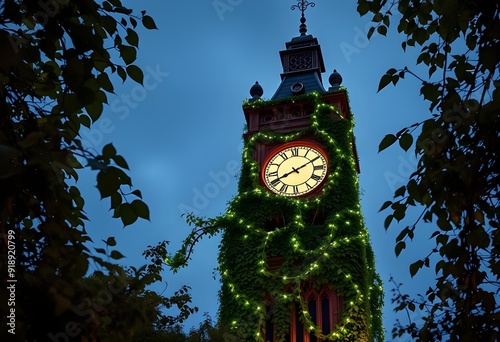 a clock tower entwined with luminous ivy, its leaves flickering with bio luminescent light at dusk photo