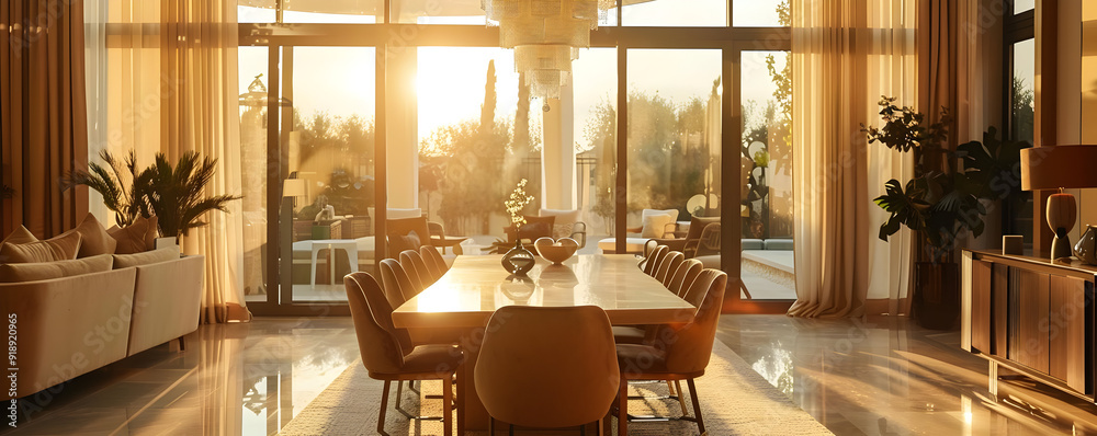 Modern Dining Room Interior Design with Large Windows and Golden Light