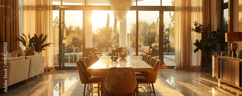Obraz na płótnie Modern Dining Room Interior Design with Large Windows and Golden Light w salonie