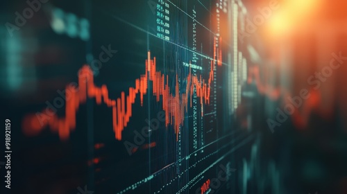Close up of stock market graphs with fluctuating lines and bar charts, depicting market volatility