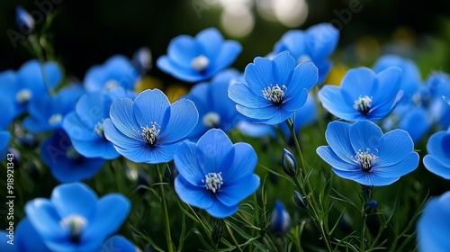 Field of blue flax flowers, delicate petals en masse