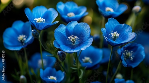 Field of blue flax flowers, delicate petals en masse