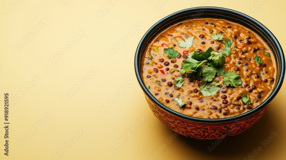 A bowl of dal makhani on a light yellow background with room for text, perfect for restaurant menus.