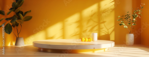 Kitchen podium background, food product stand, empty table