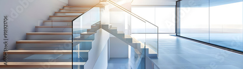 Modern Interior Design with Glass Railing and Wooden Steps - 3D Illustration