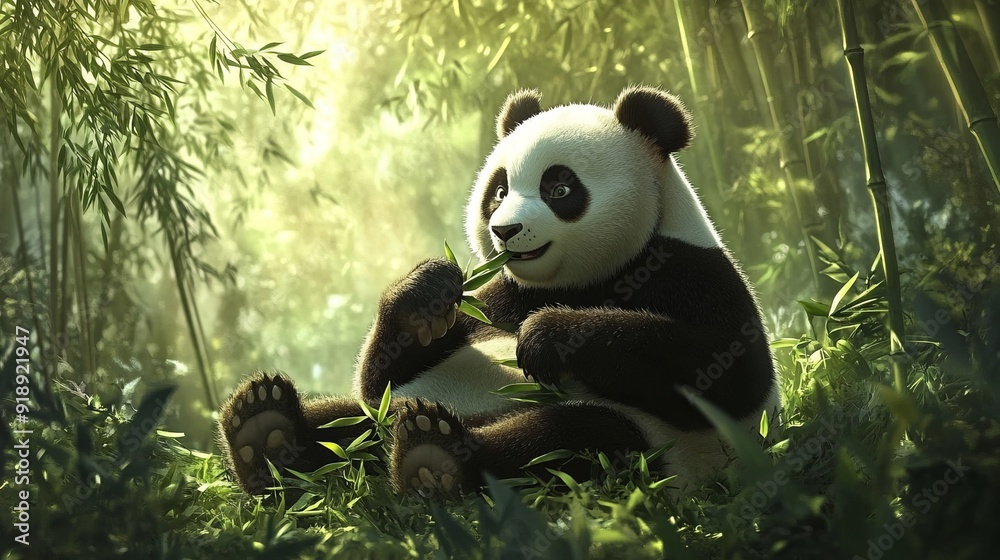 Fototapeta premium Peaceful Giant Panda Resting in Bamboo Forest