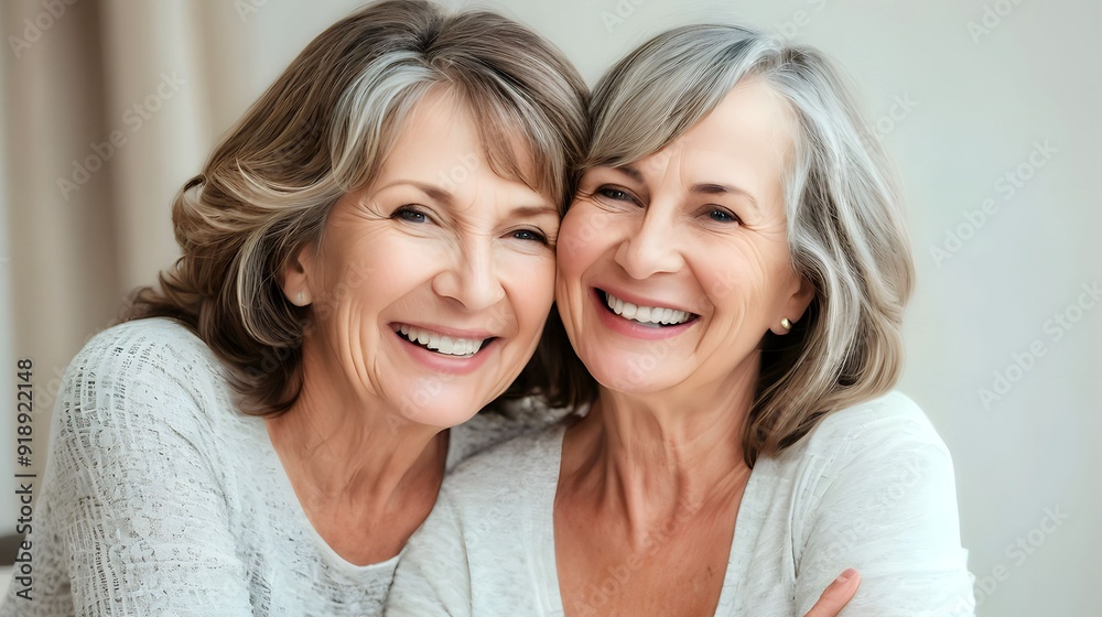 Two loving middle-aged woman sharing smiles lovingly, dearest old friends with last long friendship, or close sisters sibling grow old together Two loving middle-aged woman sharing smiles lovingly, dearest old friends with last long friendship, or close sisters sibling grow old together