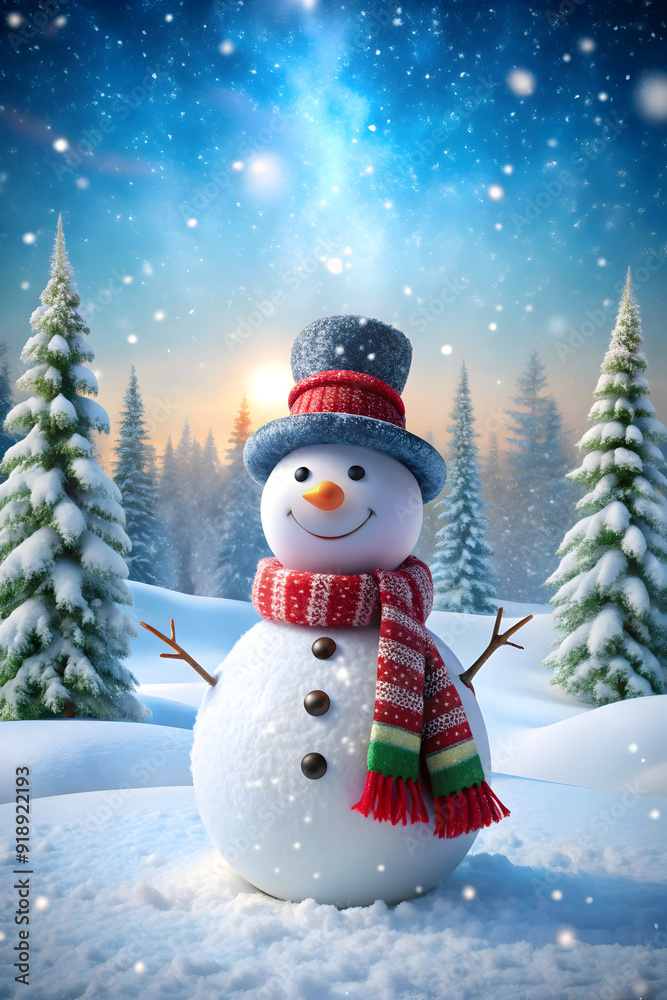 Fototapeta premium happy snowman standing in winter Christmas landscape