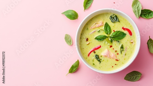 A bowl of green curry on a pastel pink background with ample space for text or promotional offers.