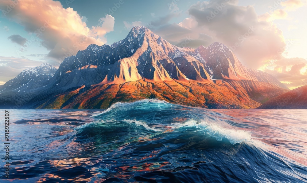 Naklejka premium Mountain peaks gradually becoming waves, blending rock and water in surreal harmony