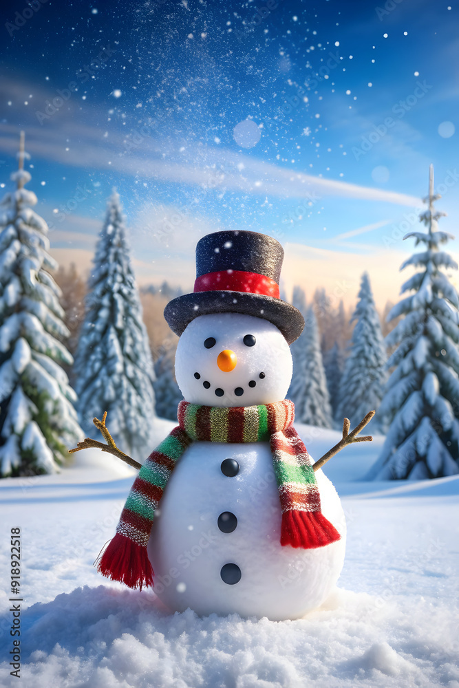 Obraz premium happy snowman standing in winter Christmas landscape