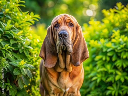 A wrinkled bloodhound stands alert, its floppy ears flapping, in front of a dense green shrub, surrounded by lush foliage on a sunny day outdoors. photo