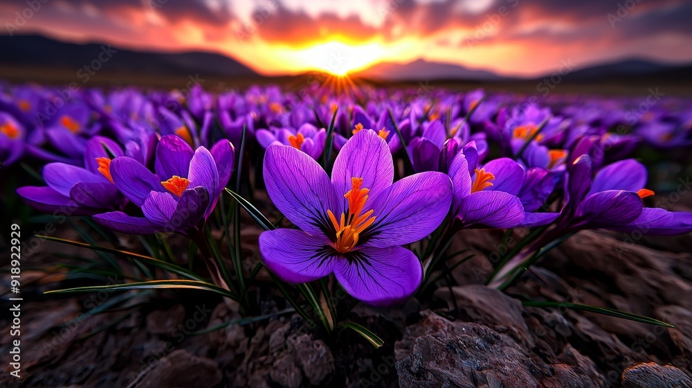 Field of saffron crocuses in bloom, valuable spice Field of saffron crocuses in bloom, valuable spice