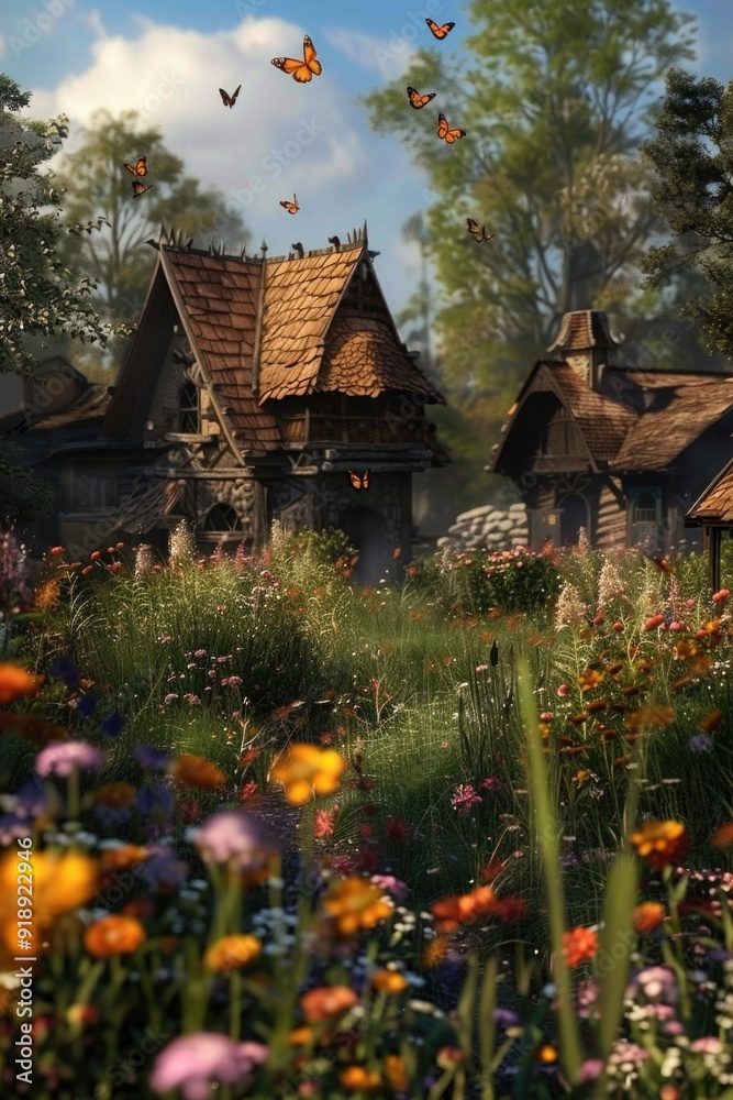 A picturesque scene of small houses surrounded by a colorful field of flowers A picturesque scene of small houses surrounded by a colorful field of flowers