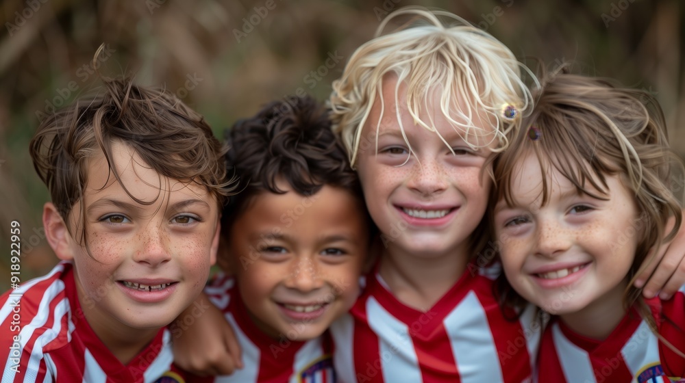 Fototapeta premium Four boys, in red and white striped soccer jerseys posing for the camera smiling with arms around each other