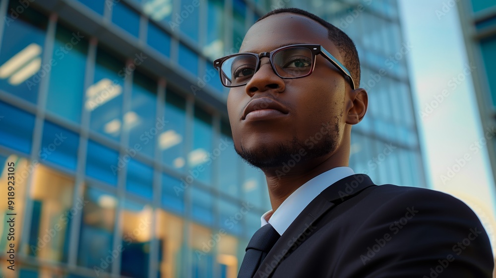 A black businessman stands in front of the window, smiling and looking out at an urban skyline A black businessman stands in front of the window, smiling and looking out at an urban skyline