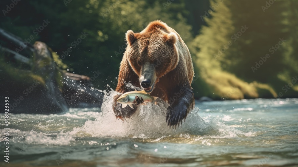 Fototapeta premium Grizzly Bear Catching Salmon in a River