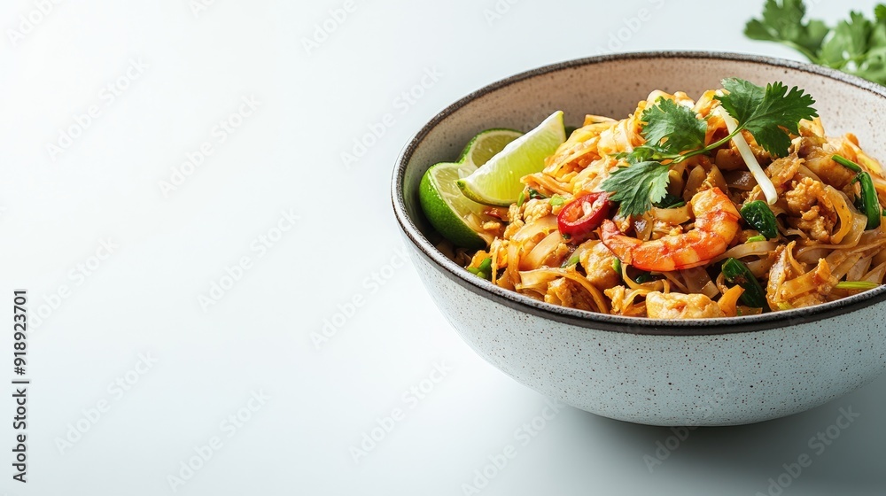A bowl of pad kra pao on a clean white background with room for text or logos.