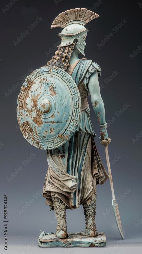 Fototapeta premium A detailed statue of a Spartan warrior holds a spear and shield, exhibiting artistry in sculpture and historical representation