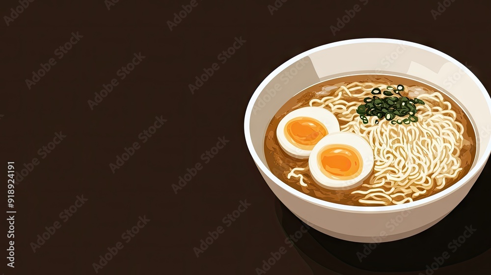 A bowl of ramen on a dark brown background with plenty of space for text or promotional messages. A bowl of ramen on a dark brown background with plenty of space for text or promotional messages.