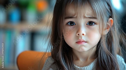 A 6-year-old girl with long brown hair and an Asian face sits at a desk reading a textbook, frowning and looking sad. The background is a classroom with bright lighting.